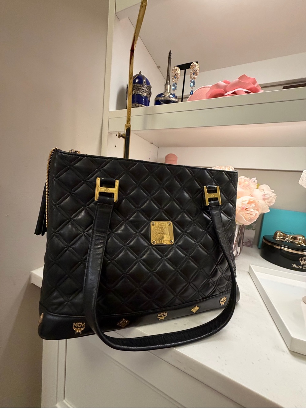 MCM EUC Black Quilted Leather Shoulder Bag with Gold Accents A4299 - Picture 10 of 16